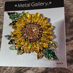 Metal Gallery Sunflower Rhinestone Brooch Green Orange Yellow Rhinestones New